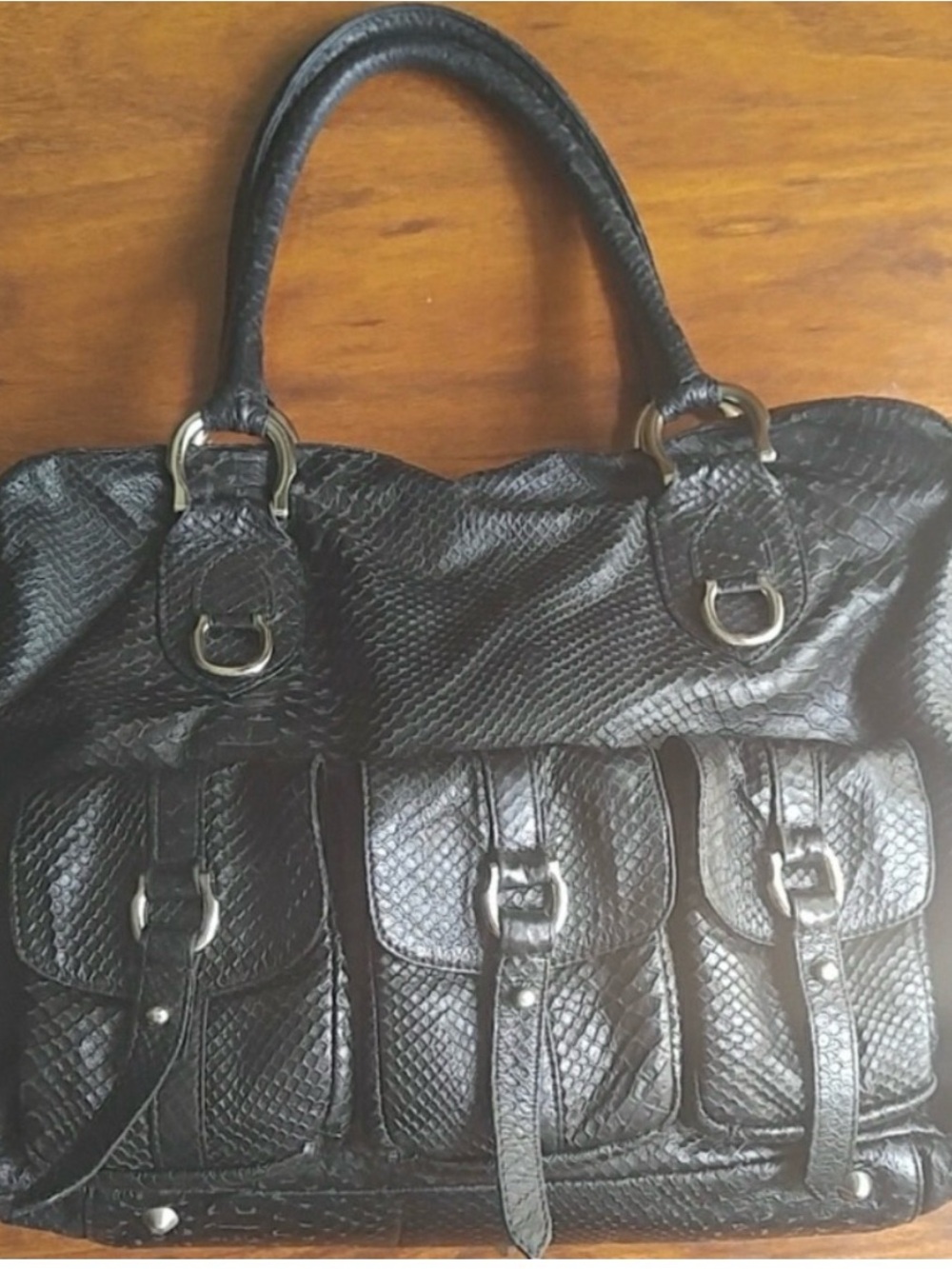 Black Textured Genuine Snake Leather Tote Bag with Front Pockets